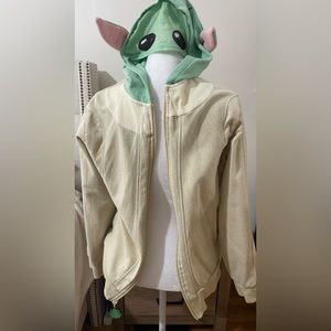 Star Wars Yoda zip up sweater with hood and yoda ears. Zipper has a tadpole.